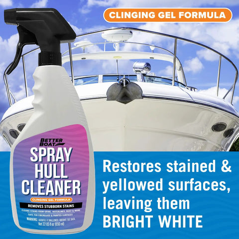 Fiberglass Boat Hull Cleaner Gel 22oz Marine Grade Tough Stains Remover bottle beside a sailboat showcasing cleaning effect