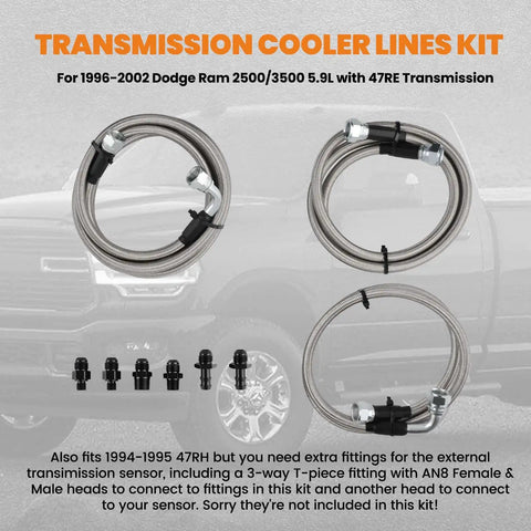 47RE Transmission Cooler Lines Kit For Dodge Ram 2500 3500 Cummins 5.9L 1996 To 2002 Stainless Steel And PTFE Braided Transmission Lines Heavy Duty Upgrade For Leak Free Performance, showing stainless steel braided lines and fittings.