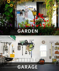 Heavy Duty Steel Garage Wall Mount Tool Organizer With 8 Mixed Hooks Up To 800 Lbs showcased in garden and garage settings