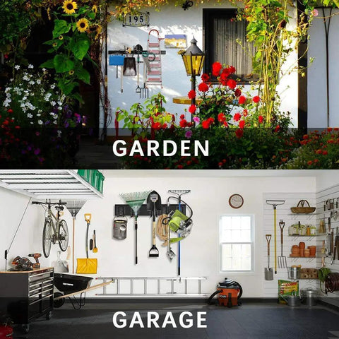 Heavy Duty Steel Garage Wall Mount Tool Organizer With 8 Mixed Hooks Up To 800 Lbs showcased in garden and garage settings
