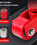 Close-up of Heavy Duty Swivel Roller Moving Skates With Comfort Grip Handle showcasing red PU wheels and steel wheel options for transport.