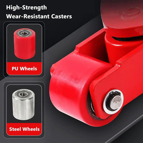 Close-up of Heavy Duty Swivel Roller Moving Skates With Comfort Grip Handle showcasing red PU wheels and steel wheel options for transport.