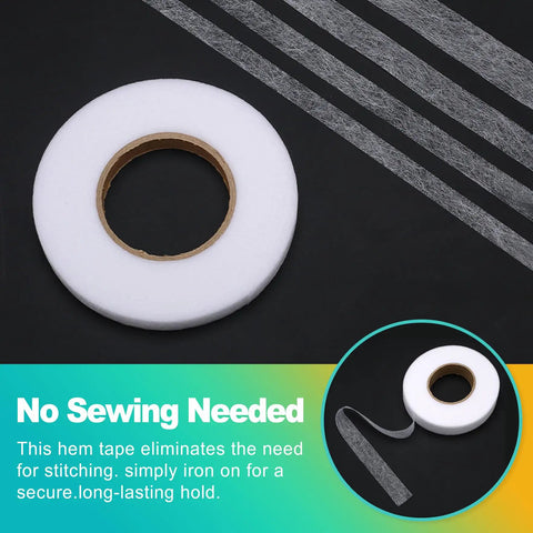 No Sew Iron On Hemming Tape For Fabrics And Home Projects, white roll, close-up view, showing heat-activated adhesive for secure bonding.