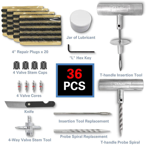 Universal Tire Repair Kit For Cars Trucks Motorcycles And RVs Heavy Duty Roadside Ready Patch Kit With 36 Pcs Included items