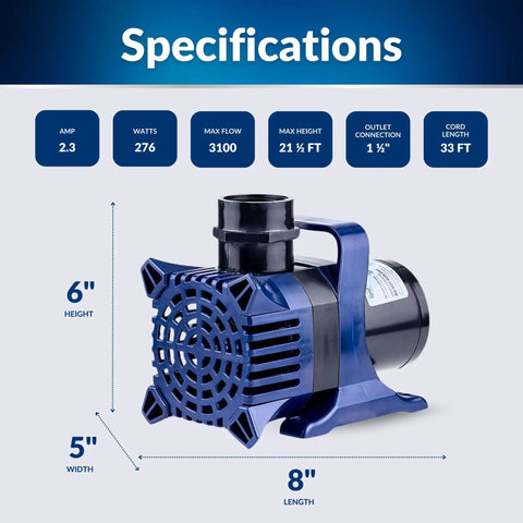 3100 GPH Pro Grade Submersible Water Pump For Ponds And Fountains With 33 Foot Cord Quiet 276W Motor And Twenty One And A Half Foot Lift