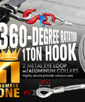 Galvanized Steel Winch Cable For Towing And Recovery Three Eighths Inch Beefy Heavy Duty 10582 Lbs Breaking Strength With Swivel Hook And Dual Aluminum Rings 6x19 Strand Core For Crane Tow Truck 50 Feet, 360-degree hook close-up