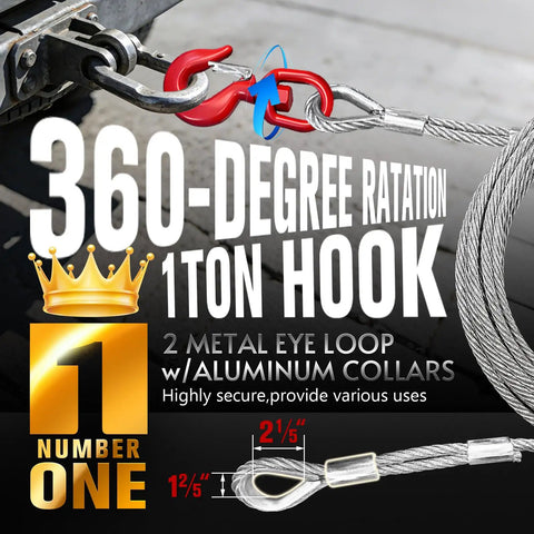 Galvanized Steel Winch Cable For Towing And Recovery Three Eighths Inch Beefy Heavy Duty 10582 Lbs Breaking Strength With Swivel Hook And Dual Aluminum Rings 6x19 Strand Core For Crane Tow Truck 50 Feet, 360-degree hook close-up