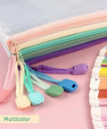 Six Pack Mesh Zipper Pouches Waterproof and Durable Organizer Bags for Board Game Storage, Documents, and Letter A4 Files, shown in multicolor close-up