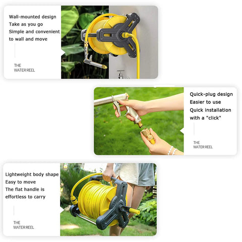 Beefy Retractable Garden Hose Reel Kit With 130 Foot Heavy Duty Water Pipe Compact Wall Mount Design featuring wall-mounted design and quick-plug use.