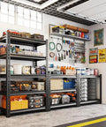 Hella Sturdy Five Tier Metal Shelving Unit Premium Heavy Duty Storage Rack For Garage Kitchen Pantry Adjustable Utility Shelf Black filled with tools and storage bins.
