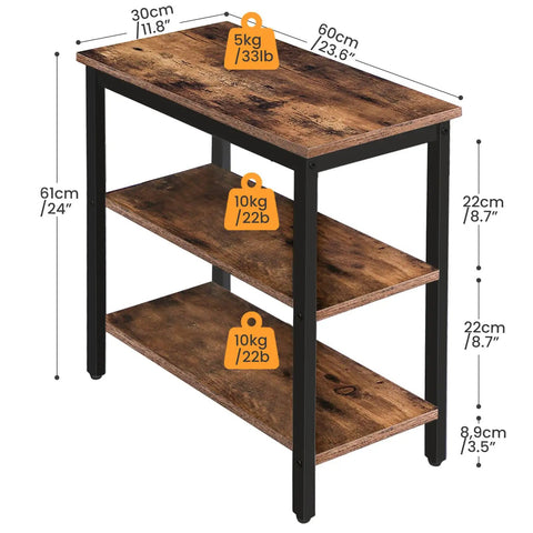 Rustic Brown And Black 3 Tier End Table With Open Storage Shelves dimensions showcasing 61cm height, 60cm width, and 23.6cm depth.