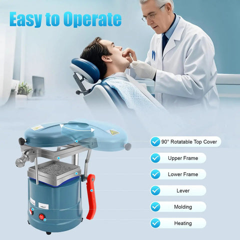 Pro Grade Thermoforming Vacuum Forming Machine For Dental Labs, 110V 600W Heat Molding Tool With Symmetrical Heating System, Space Saving Dental Forming Equipment, shown with 90° rotatable top cover