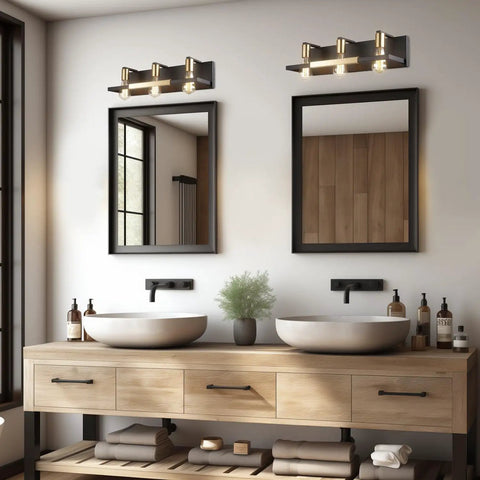 Rustic Dope Matte Black And Gold Three Light Vanity Light Over Mirror For Bathroom Or Powder Room, Vintage Industrial Style
