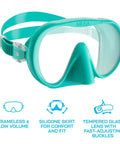 Musa Frameless Dive Mask With Low Internal Volume And Wide Field Of View In Aqua Green, Lightweight Travel Ready Snorkel Gear With Silicone Skirt Bonded To A Single Glass Lens For A Superior Watertight Seal And Easy Comfort, showing front view with silicone skirt and tempered glass lens.