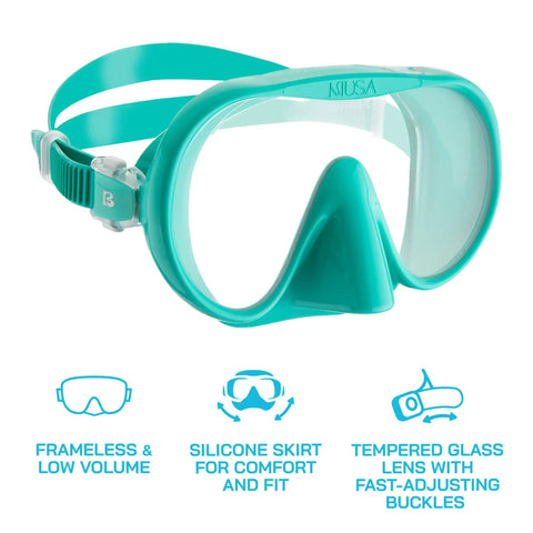 Musa Frameless Dive Mask With Low Internal Volume And Wide Field Of View In Aqua Green, Lightweight Travel Ready Snorkel Gear With Silicone Skirt Bonded To A Single Glass Lens For A Superior Watertight Seal And Easy Comfort, showing front view with silicone skirt and tempered glass lens.