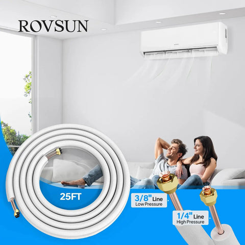 25 Ft Dope Copper Mini Split Line Set With 1 Quarter Inch And 3 Eighth Inch OD Flared Tubing, 3 Eighth Inch Thickened PE Insulated Coil, Nuts And Installation Kit For Modern Air Conditioner And Heat Pump System displayed in a room setting