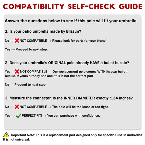 Compatibility guide for 45 Inch Patio Umbrella Replacement Lower Pole With Bullet Buckle Beefed-Up Iron Construction Bronze Finish.