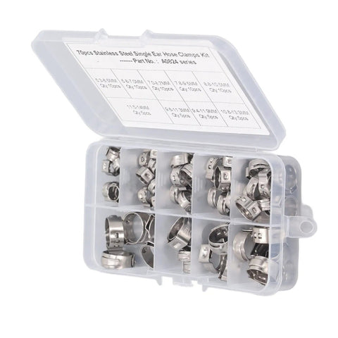 Durable 70Pcs Single Ear Hose Clamp Kit Made From Premium 304 Stainless Steel For Secure Plumbing and Automotive Repairs That Are Built To Last And Handle Any Job With Ease. 70-piece organizer case with assorted single ear clamps