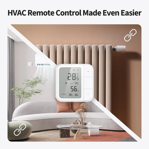 Thread And Zigbee Smart Climate Sensor W100 for Temperature and Humidity Monitoring with HVAC control shown in home setting.