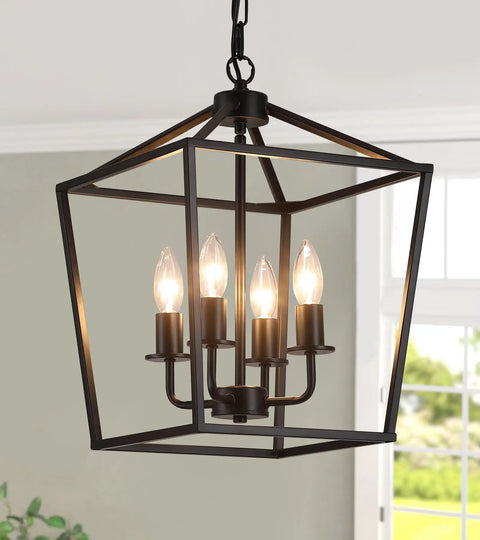 UL Listed Industrial Black Lantern Chandelier With Four Lights, Farmhouse Metal Cage Pendant Light in dining room setting