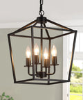 Four Light Farmhouse Industrial Lantern Cage Pendant Light In Gun Black Finish for Kitchen Island, Dining Room, Entryway.