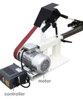Heavy Duty Belt Sander With Variable Speed Control For Knives And Cutting Tools Includes Three Premium Grit Belts, showing motor and controller.