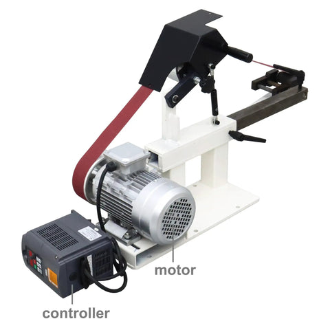 Heavy Duty Belt Sander With Variable Speed Control For Knives And Cutting Tools Includes Three Premium Grit Belts, showing motor and controller.