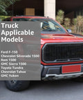 Red truck with list of applicable models for Doggo Approved Waterproof Dog Car Seat Cover For Trucks With Nonslip Back Seat Protector