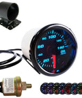 Front view: CYONRUAN 52mm oil pressure gauge with blue LED, 0-140 PSI, 1/8 NPT sensor, mounting cup.
