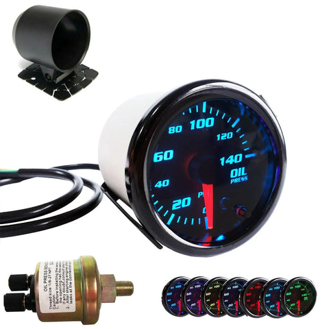 Front view: CYONRUAN 52mm oil pressure gauge with blue LED, 0-140 PSI, 1/8 NPT sensor, mounting cup.