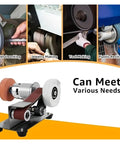 Tiny Electric Belt Sander Machine With Grinder Set For Knife Sharpening And Polishing Compact Desktop DIY Tool For Edges And Blades on a black base with wheels.