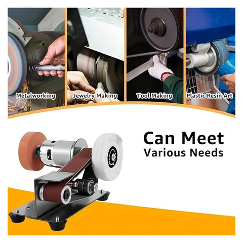 Tiny Electric Belt Sander Machine With Grinder Set For Knife Sharpening And Polishing Compact Desktop DIY Tool For Edges And Blades on a black base with wheels.