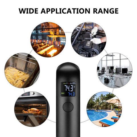Rechargeable Infrared Thermometer Gun For Cooking With Backlit Display And Go-To Digital Temp Tool For -58F To 1022F Range Perfect For Pizza Oven Grill Kitchen And Home Repairs With Max Hold, showing usage in various settings