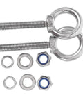 Heavy Duty Stainless Steel Eye Bolts With Nuts And Washers Built Tough For Shock Absorption and Vibration, showing two eye bolts with nuts and washers.
