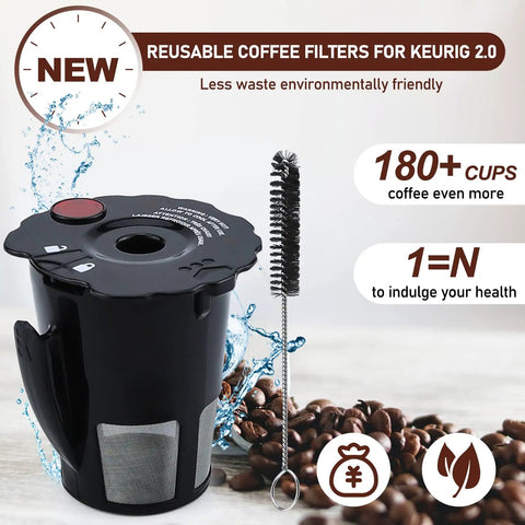 Reusable K Cup Coffee Filter Pod For Keurig 2.0 Brewers K200-K575, black mesh design with cleaning brush, eco-friendly