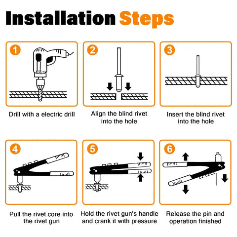 Installation steps for using 16 Size Black Aluminum Blind Rivet Kit With Stainless Steel Washers Pack Of 120 Pop Rivets.