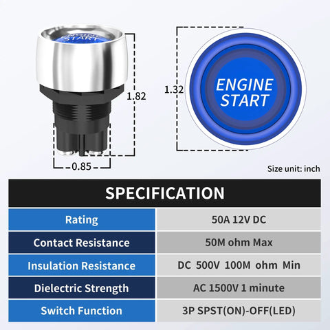 Diagram of Push To Start Ignition Switch 12V 50A One Button Start No Fuss For Marine Boat RV Car Truck With Blue LED Light specifications