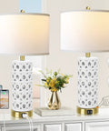 White Ceramic Table Lamp Set Of 2 With Linen Fabric Shades, Modern Farmhouse Nightstand Lamps, 3 Way Dimmable Touch Control LED, two USB ports