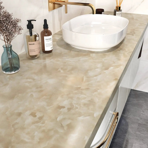 Glossy Beige Marble Contact Paper 24x394 Inches Self Adhesive Peel And Stick Vinyl For Countertops in bathroom setting