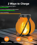Gen 2 Solar Lanterns For Outdoors With Dual USB And Solar Charging on table, flame effect, Type C and solar charging icons