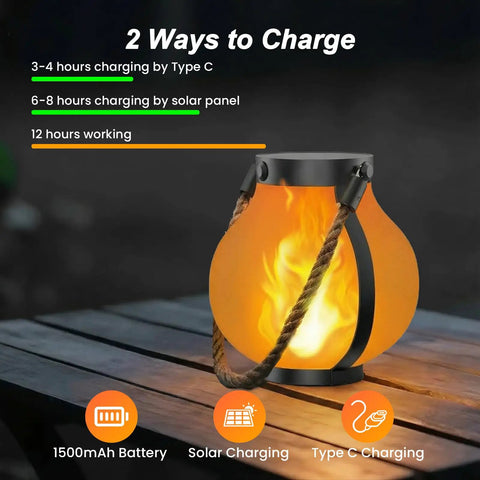 Gen 2 Solar Lanterns For Outdoors With Dual USB And Solar Charging on table, flame effect, Type C and solar charging icons