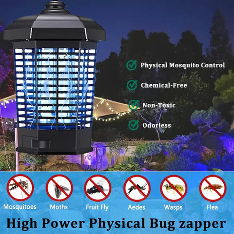 Powerful Bug Zapper Electric For Indoor Outdoor Use Mosquito Killer And Fly Zapper With 365 Nm UV Light And 4200 Volt High Voltage Grid Portable 2 Prong Plug Hanging Hoop Ideal For Patio Backyard Garden in use at night.
