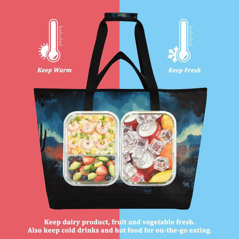 Desert Cowboy Style Insulated Cooler Tote With Triple Layer Insulation Large Capacity Thermal Bag, showcasing warm and fresh compartments.