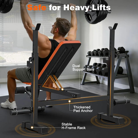 Adjustable Weight Bench With Squat Rack For Home Gym Use 770Lb showing dual support bars and h-frame rack in use