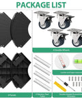 Package contents for Lockable Wheel Plant Caddy Heavy Duty 450 Pounds Capacity adjustable plant stand and parts.