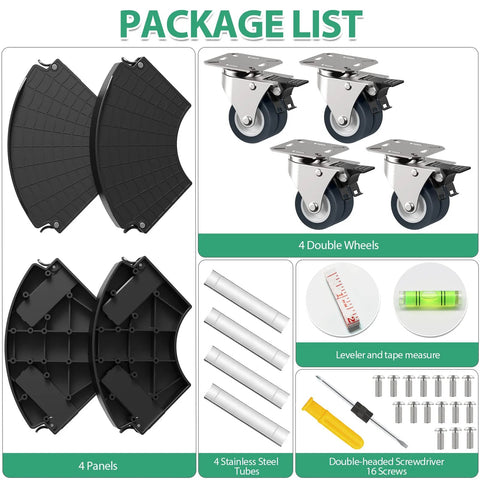 Package contents for Lockable Wheel Plant Caddy Heavy Duty 450 Pounds Capacity adjustable plant stand and parts.