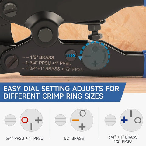 PEX Copper Ring Removal Tool Decrimper with easy dial for 1/2, 3/4, 1 inch sizes; rust resistant steel, built-in gap guard.