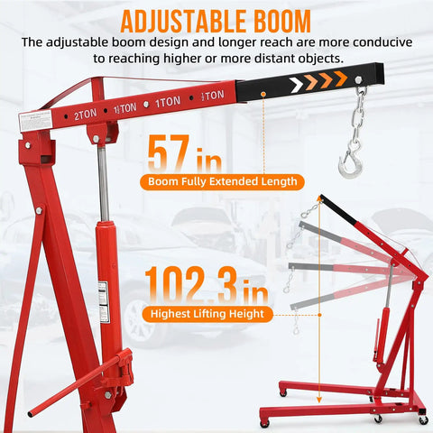 Adjustable boom of Heavy Duty Hydraulic Engine Hoist And Cherry Picker Shop Rig For Gearheads 2 Ton 4400 LBS, 57 in fully extended.