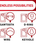 Visual guide showing picture frame hanging methods: sawtooth, D-ring, wire, and keyhole for Slap On Universal Picture Frame Hangers.
