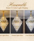 Premium Smoke Gray Crystal Chandelier Ceiling Fan 42 Or 48 Inch Dimmable LED Lights Smart Three Color Remote Control showcasing warm, neutral, and cool light effects.